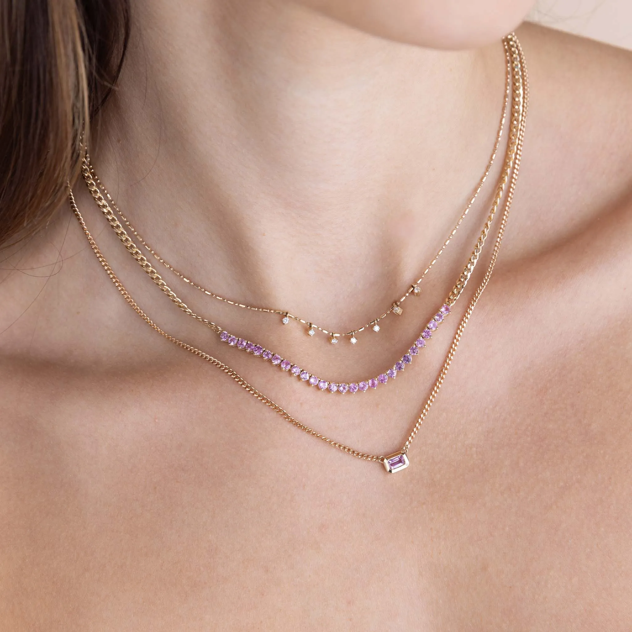 14k Pink Sapphire Tennis Segment Small Curb Chain Necklace