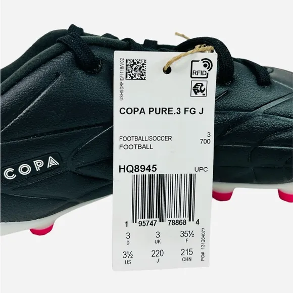 Adidas Youth Copa Pure.3 Firm Ground Soccer Cleats HQ8945 Black/Pink Size 3.5