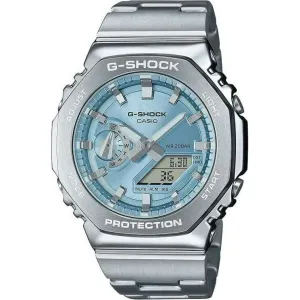 CASIO G-SHOCK DAY-DATE METAL BEZEL SILVER STRAP SKY BLUE DIAL MEN WATCH GM-2110D-2AJF