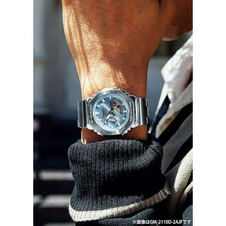 CASIO G-SHOCK DAY-DATE METAL BEZEL SILVER STRAP SKY BLUE DIAL MEN WATCH GM-2110D-2AJF
