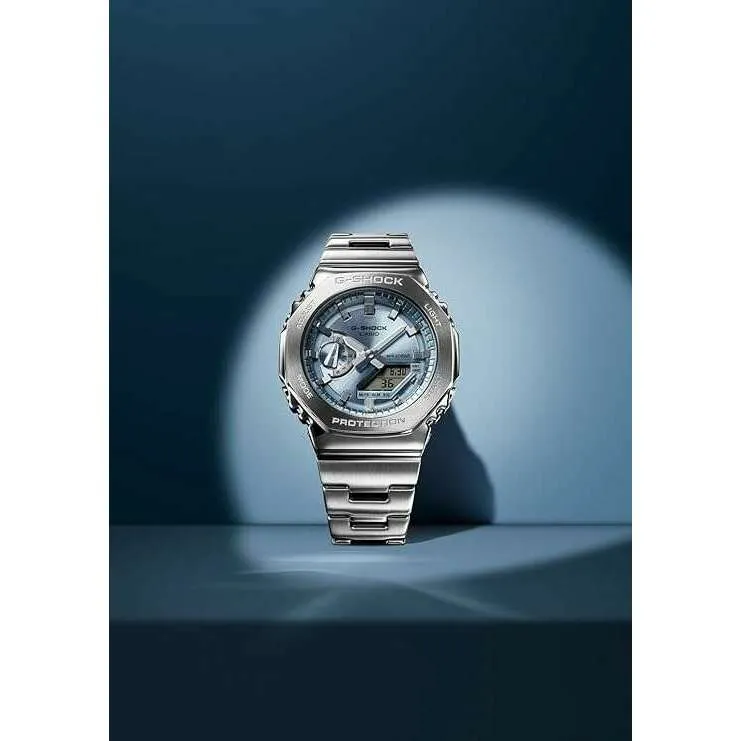 CASIO G-SHOCK DAY-DATE METAL BEZEL SILVER STRAP SKY BLUE DIAL MEN WATCH GM-2110D-2AJF