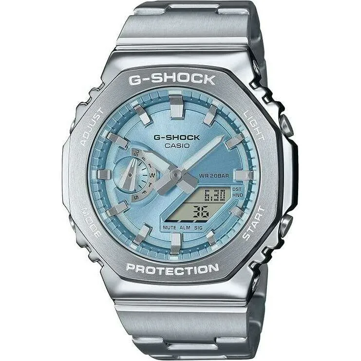 CASIO G-SHOCK DAY-DATE METAL BEZEL SILVER STRAP SKY BLUE DIAL MEN WATCH GM-2110D-2AJF