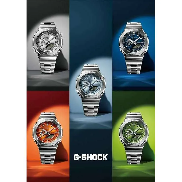 CASIO G-SHOCK DAY-DATE METAL BEZEL SILVER STRAP SKY BLUE DIAL MEN WATCH GM-2110D-2AJF