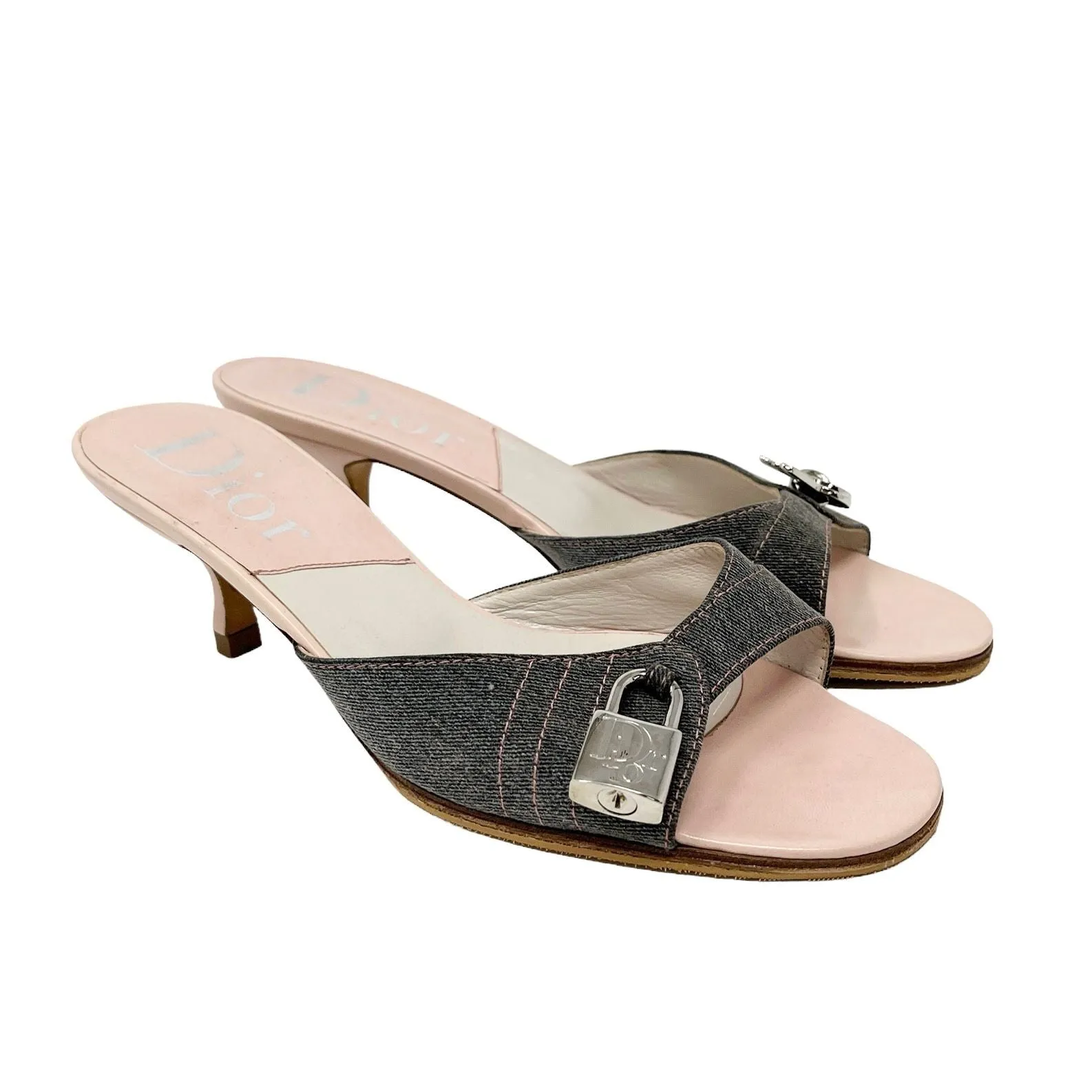 Dior Grey Denim Lock Kitten Heels