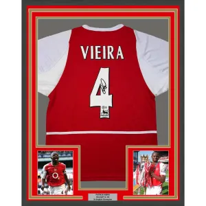 Framed Autographed/Signed Patrick Vieira 35x39 Arsenal Red Soccer Jersey BAS COA