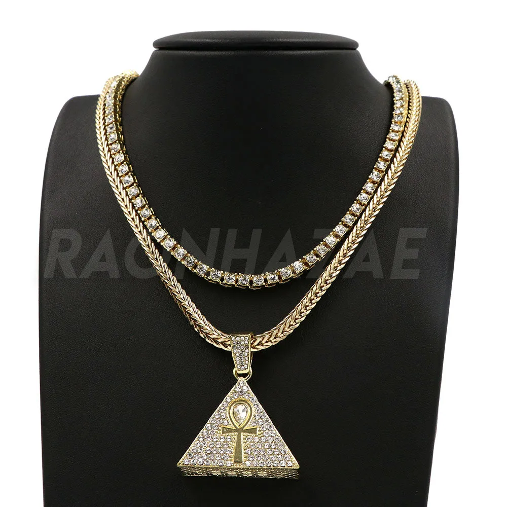 Hip Hop 3D Pyramid Ankh Pendant W/ Franco Chain / Tennis Choker Chain.