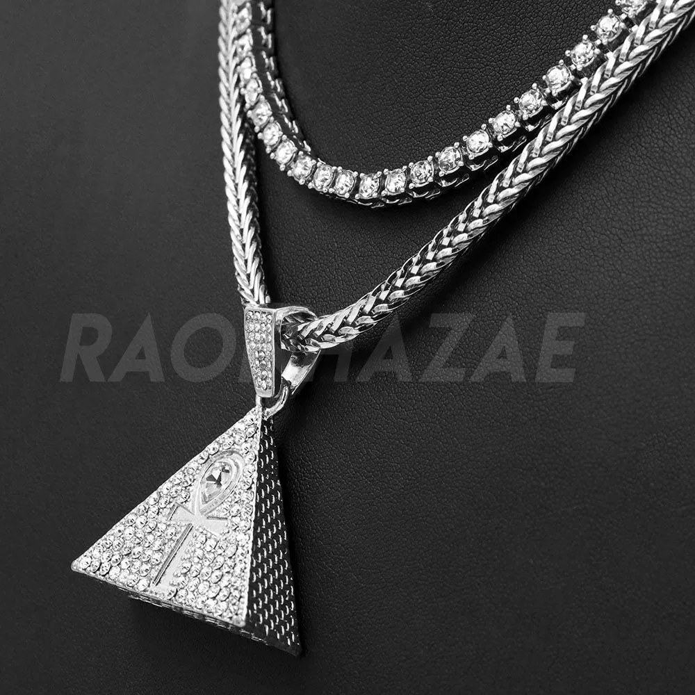Hip Hop 3D Pyramid Ankh Pendant W/ Franco Chain / Tennis Choker Chain.