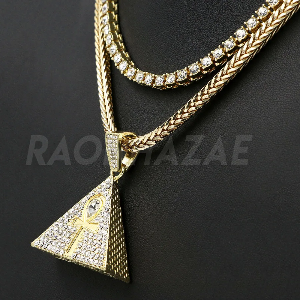 Hip Hop 3D Pyramid Ankh Pendant W/ Franco Chain / Tennis Choker Chain.