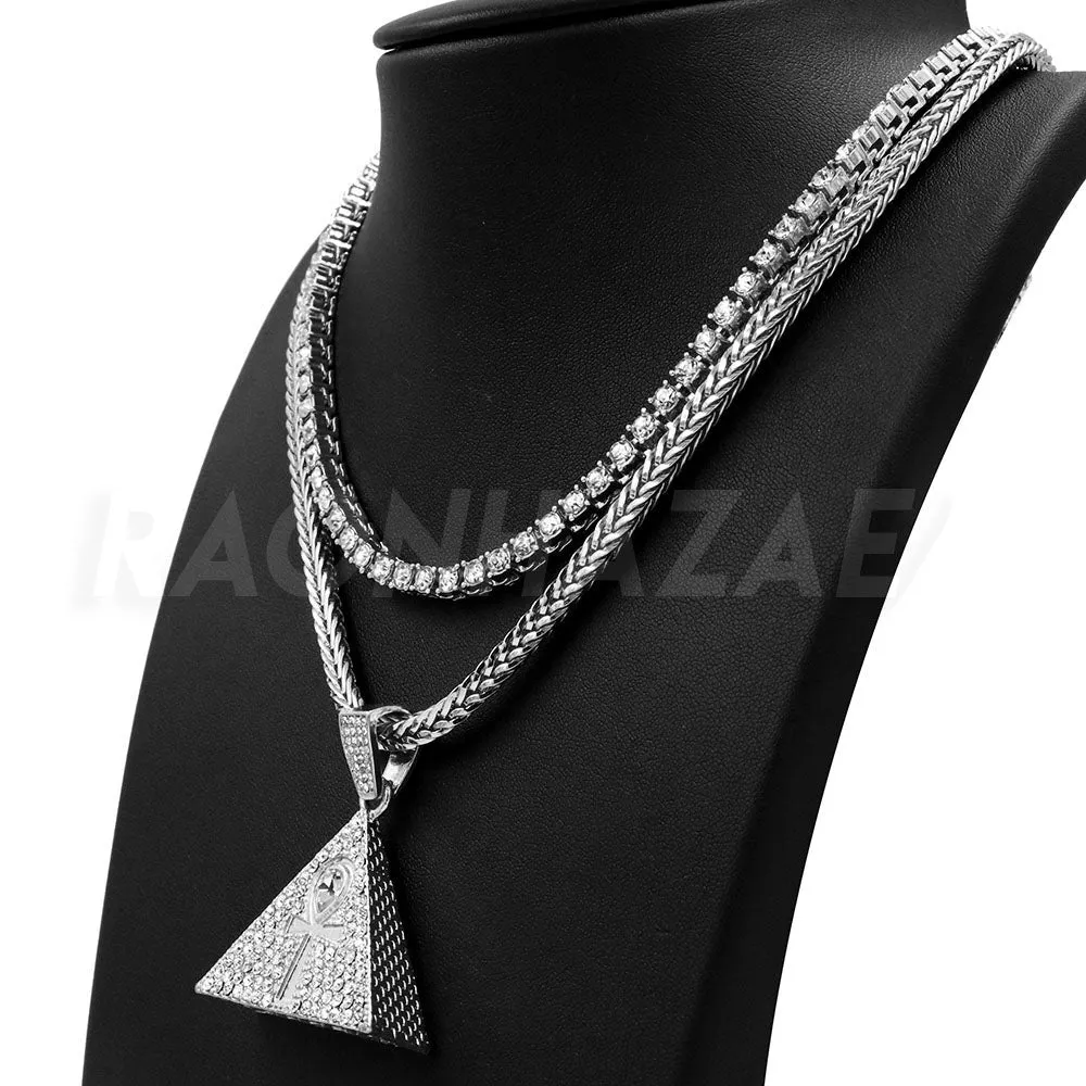 Hip Hop 3D Pyramid Ankh Pendant W/ Franco Chain / Tennis Choker Chain.