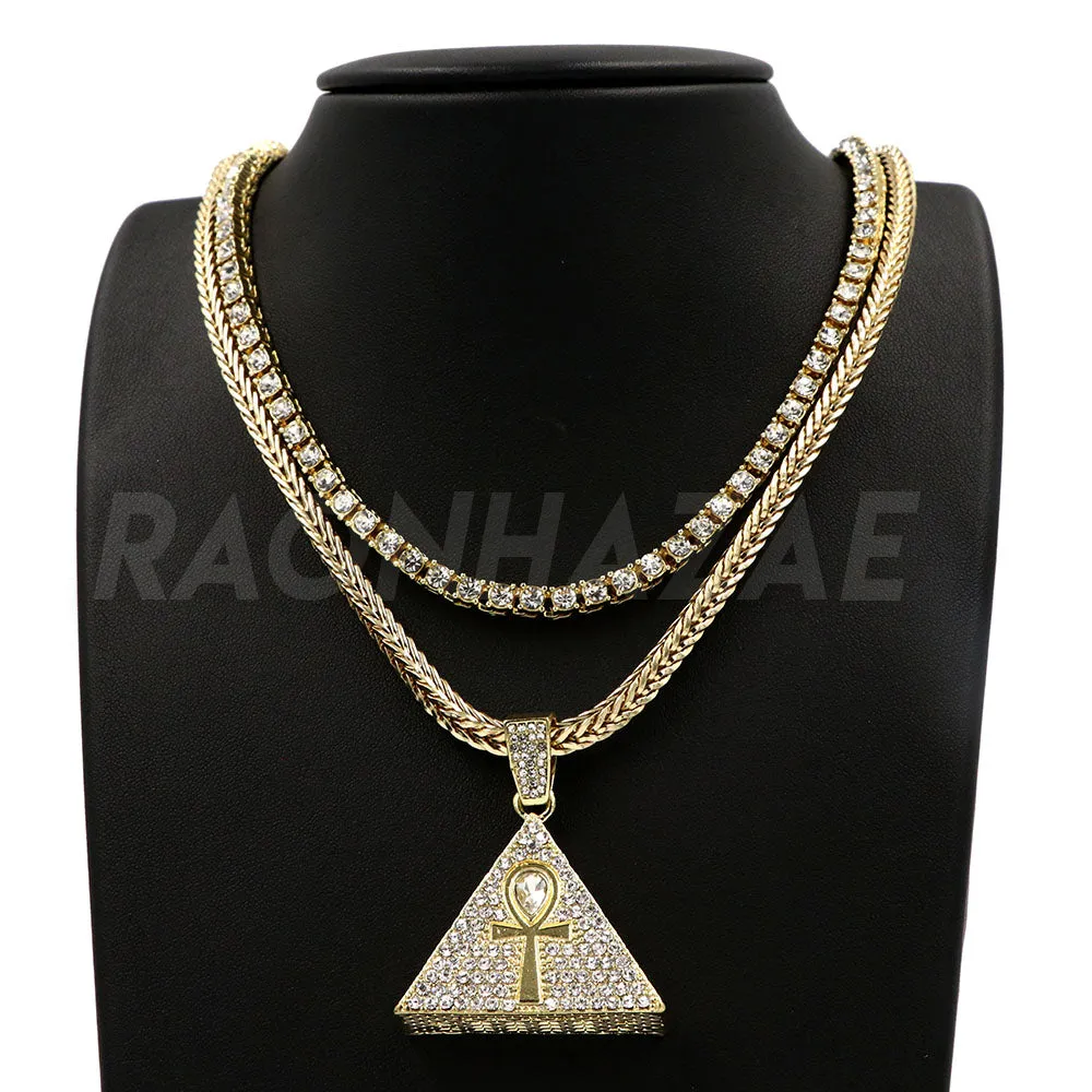 Hip Hop 3D Pyramid Ankh Pendant W/ Franco Chain / Tennis Choker Chain.