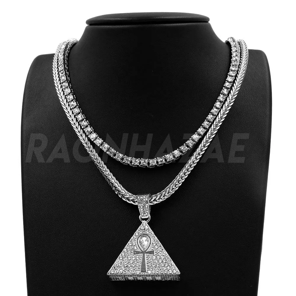 Hip Hop 3D Pyramid Ankh Pendant W/ Franco Chain / Tennis Choker Chain.