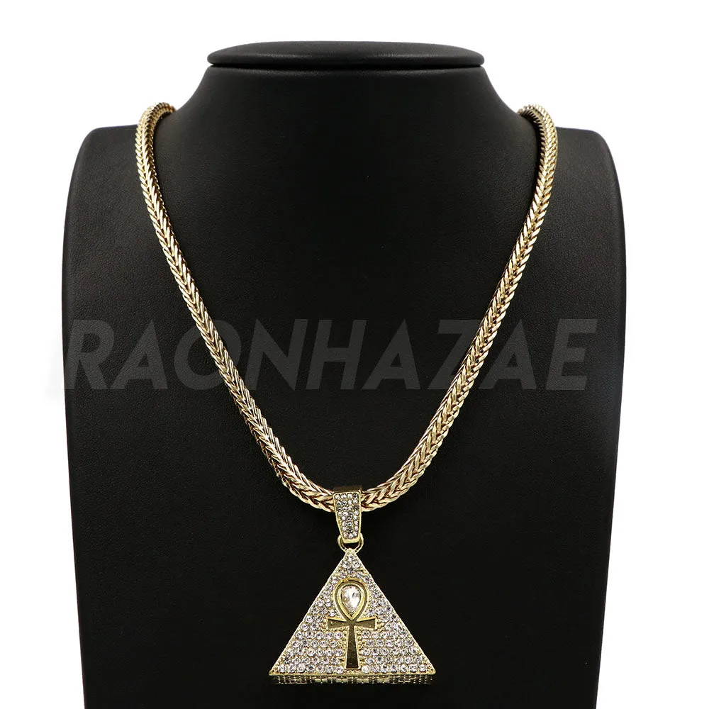 Hip Hop 3D Pyramid Ankh Pendant W/ Franco Chain / Tennis Choker Chain.