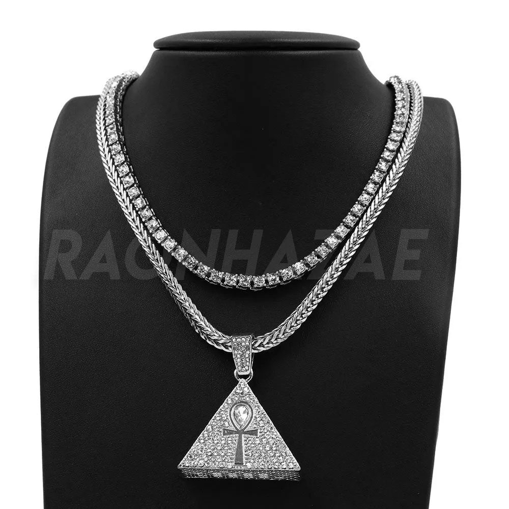 Hip Hop 3D Pyramid Ankh Pendant W/ Franco Chain / Tennis Choker Chain.