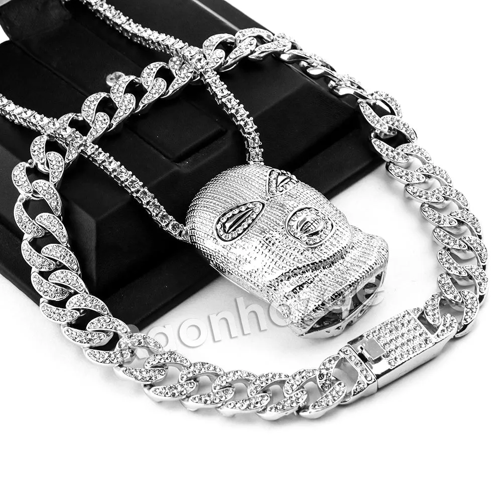 Hip Hop Quavo Goon Mask Miami Cuban Choker Chain Tennis Necklace L56