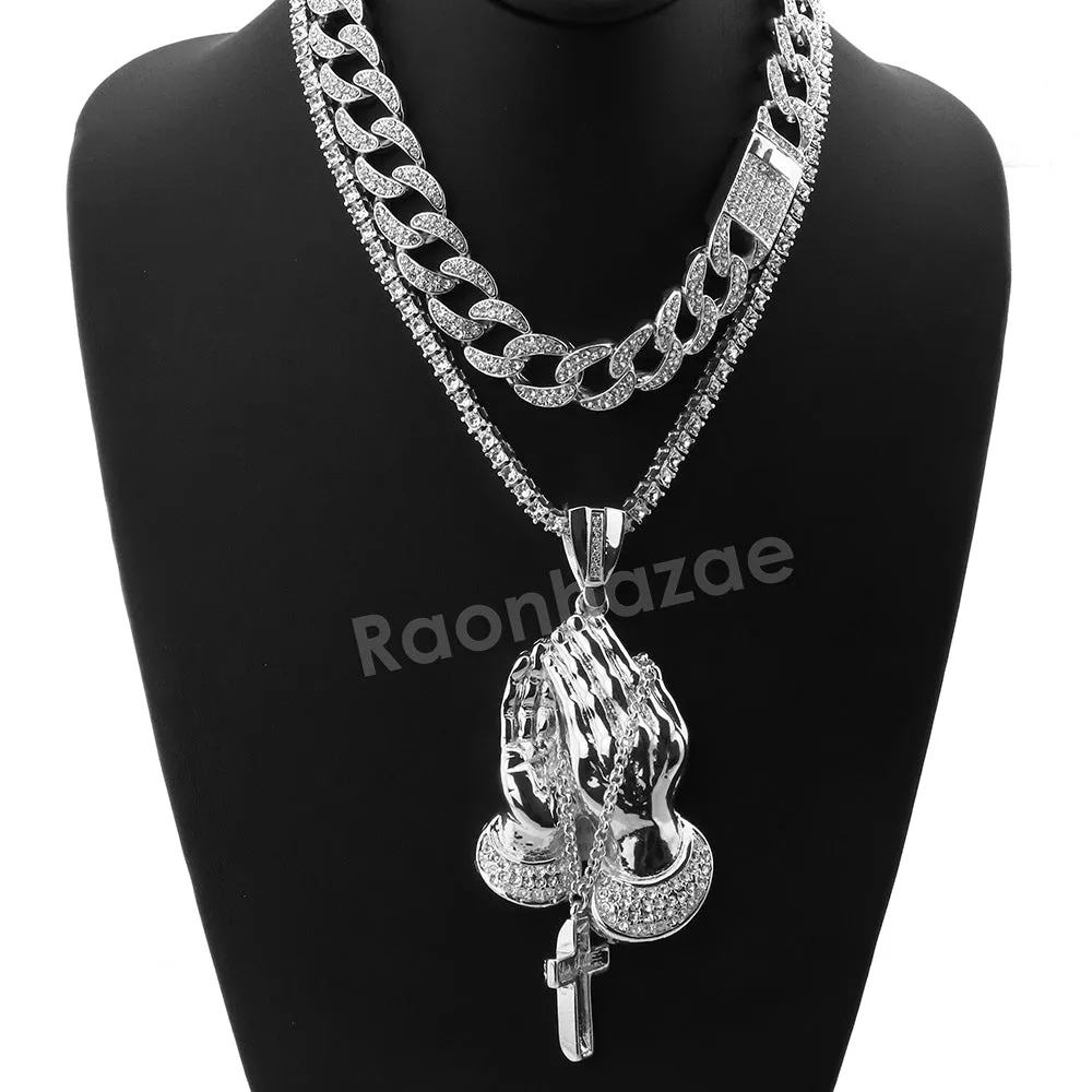 Hip Hop Quavo PRAYING HANDS Miami Cuban Choker Chain Tennis Necklace L42