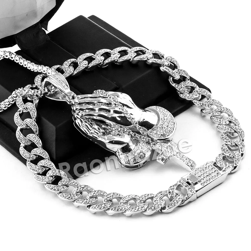 Hip Hop Quavo PRAYING HANDS Miami Cuban Choker Chain Tennis Necklace L42