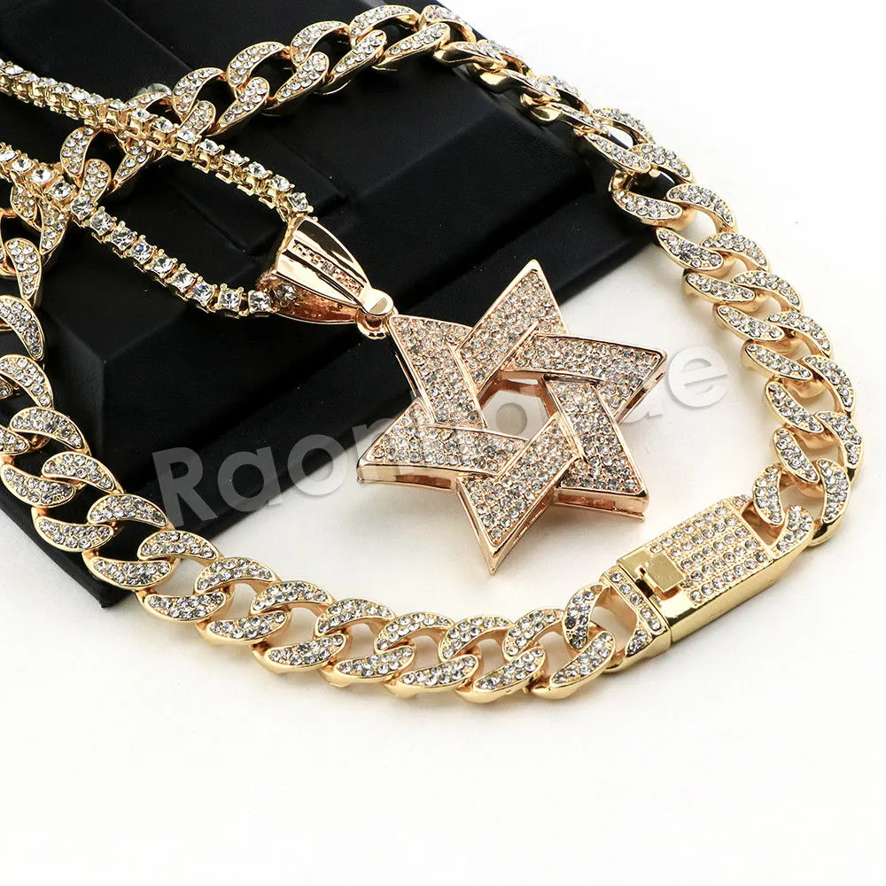 Hip Hop Quavo Star of David Miami Cuban Choker Tennis Chain Necklace L31