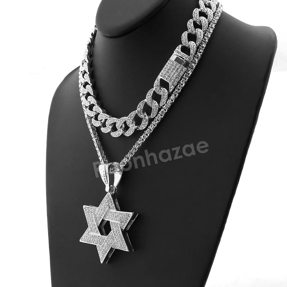 Hip Hop Quavo Star of David Miami Cuban Choker Tennis Chain Necklace L31