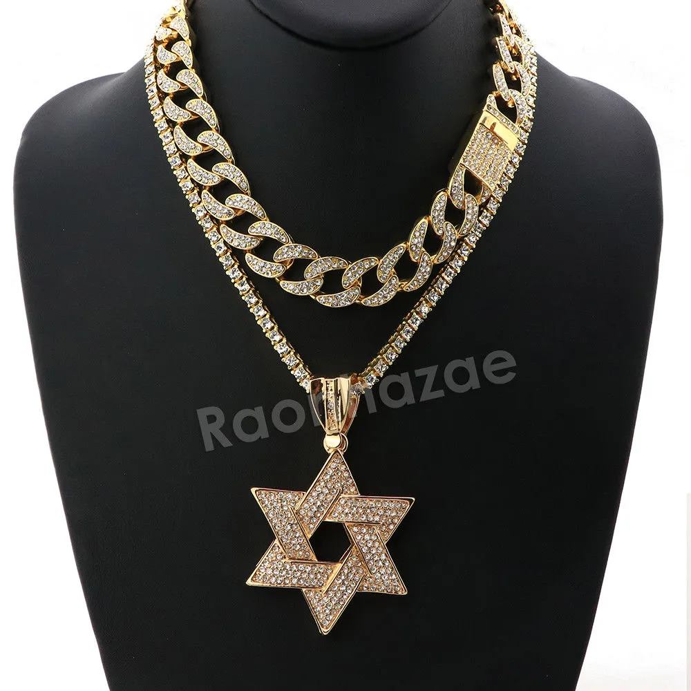 Hip Hop Quavo Star of David Miami Cuban Choker Tennis Chain Necklace L31