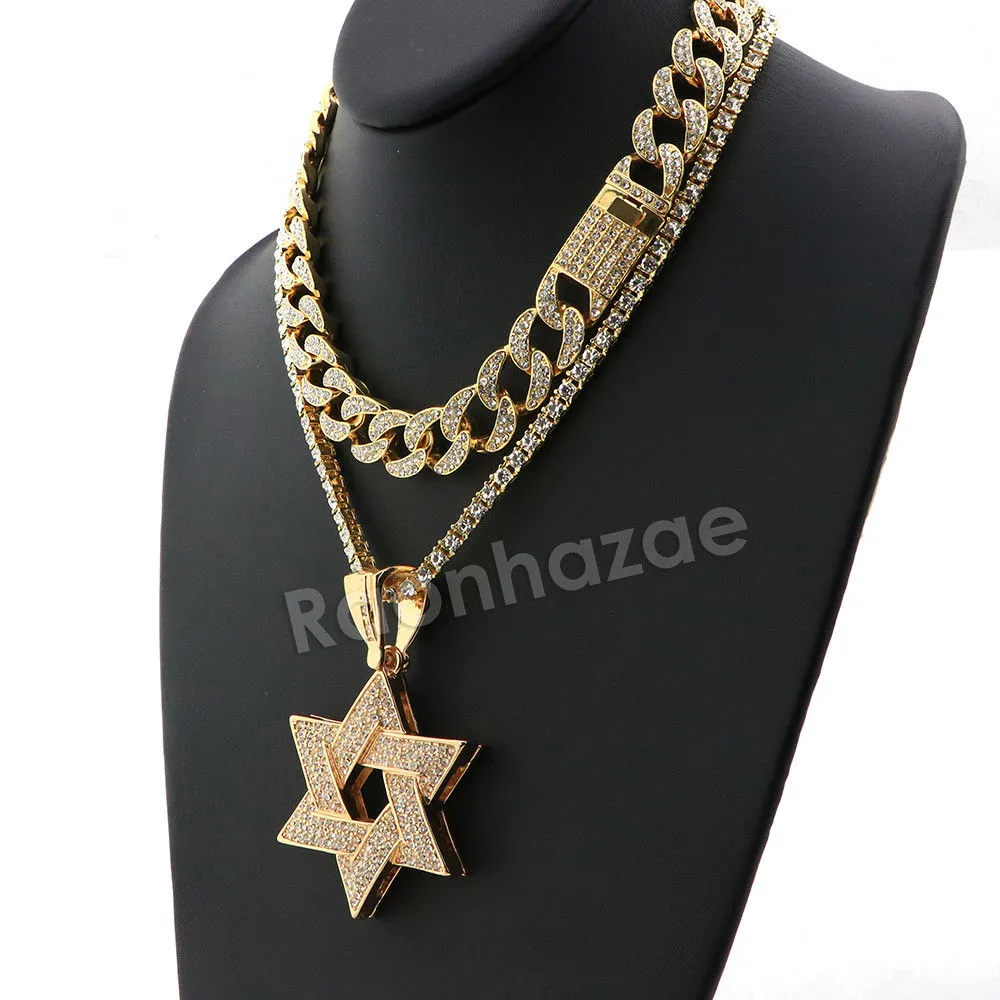 Hip Hop Quavo Star of David Miami Cuban Choker Tennis Chain Necklace L31