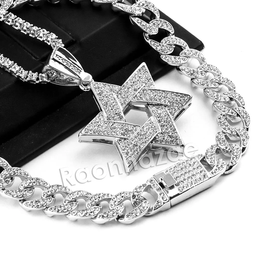 Hip Hop Quavo Star of David Miami Cuban Choker Tennis Chain Necklace L31