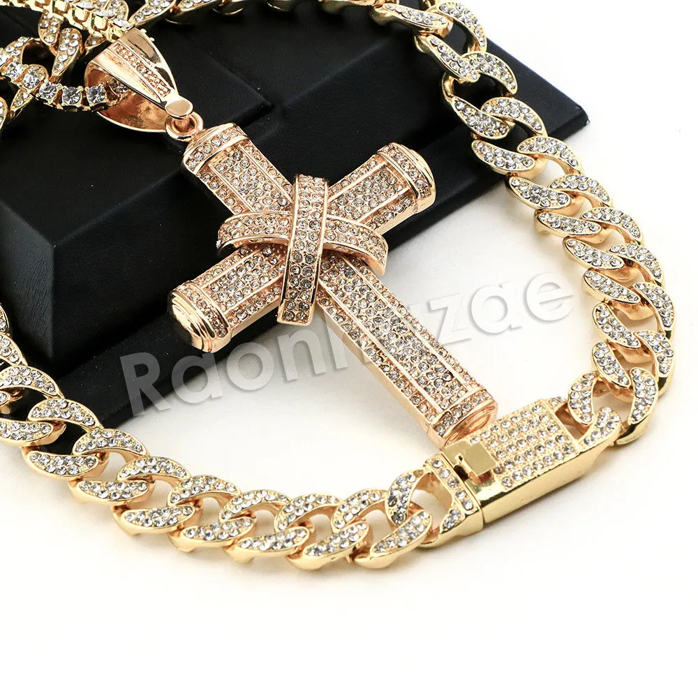 Hip Hop Quavo TIED CROSS Miami Cuban Choker Tennis Chain Necklace L22