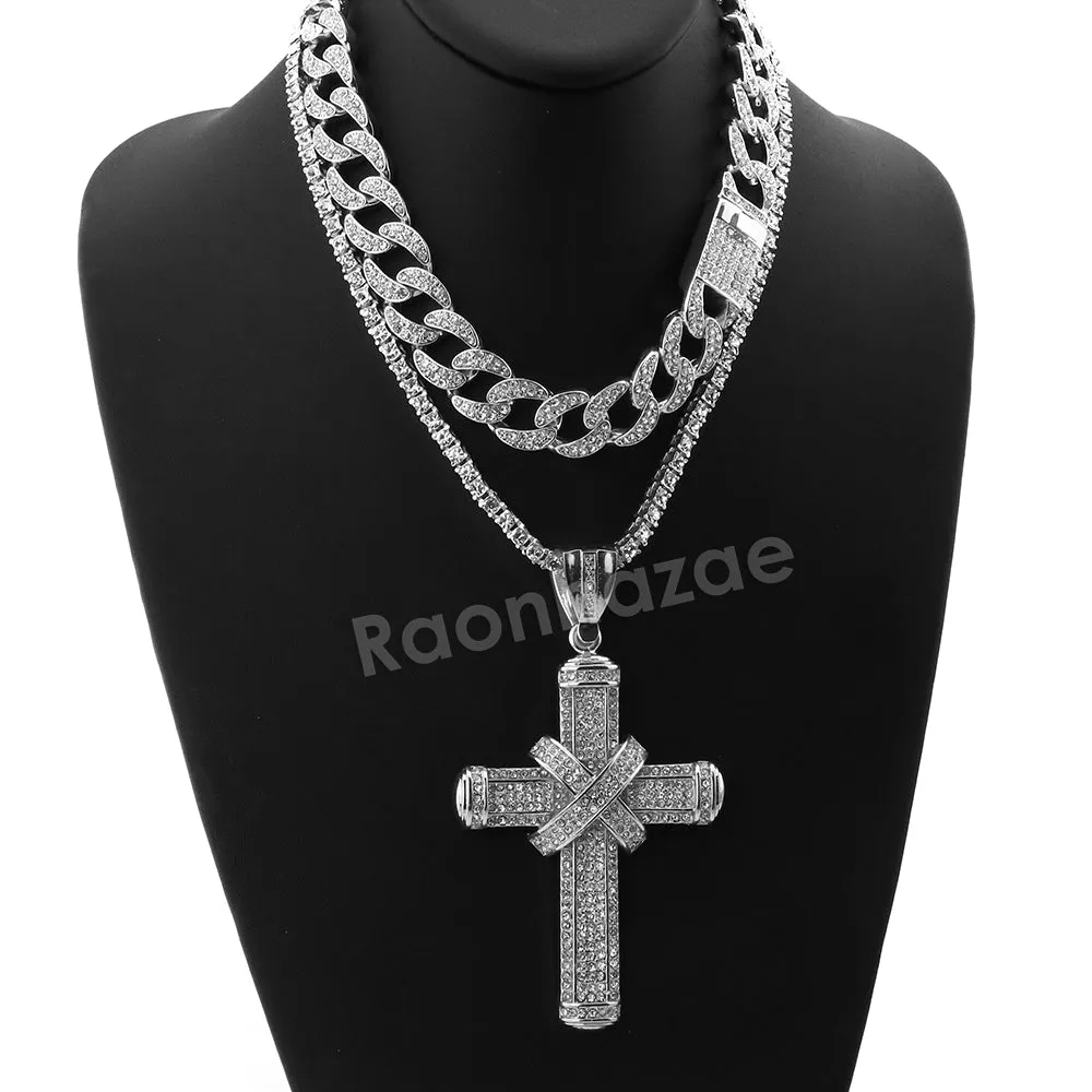 Hip Hop Quavo TIED CROSS Miami Cuban Choker Tennis Chain Necklace L22
