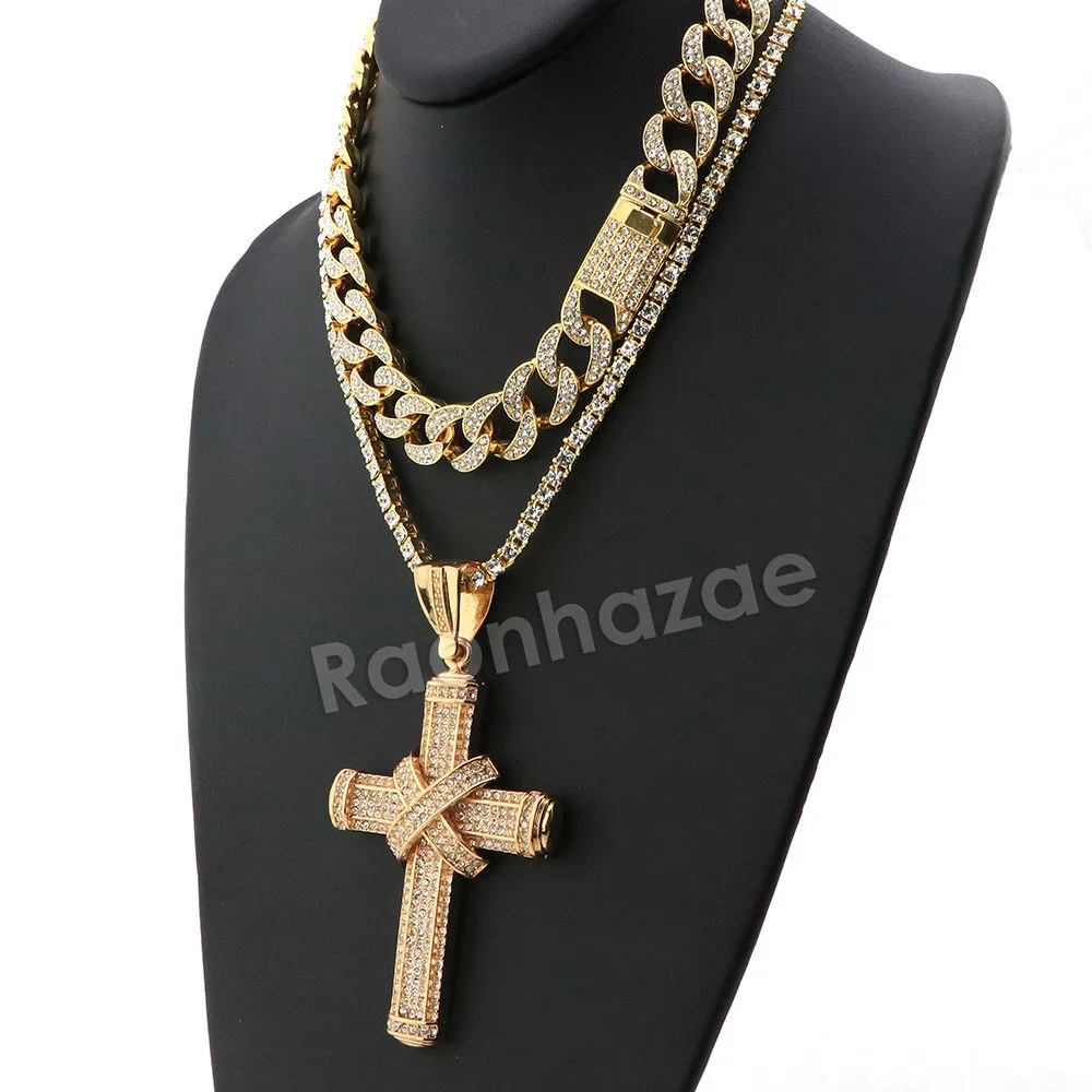 Hip Hop Quavo TIED CROSS Miami Cuban Choker Tennis Chain Necklace L22
