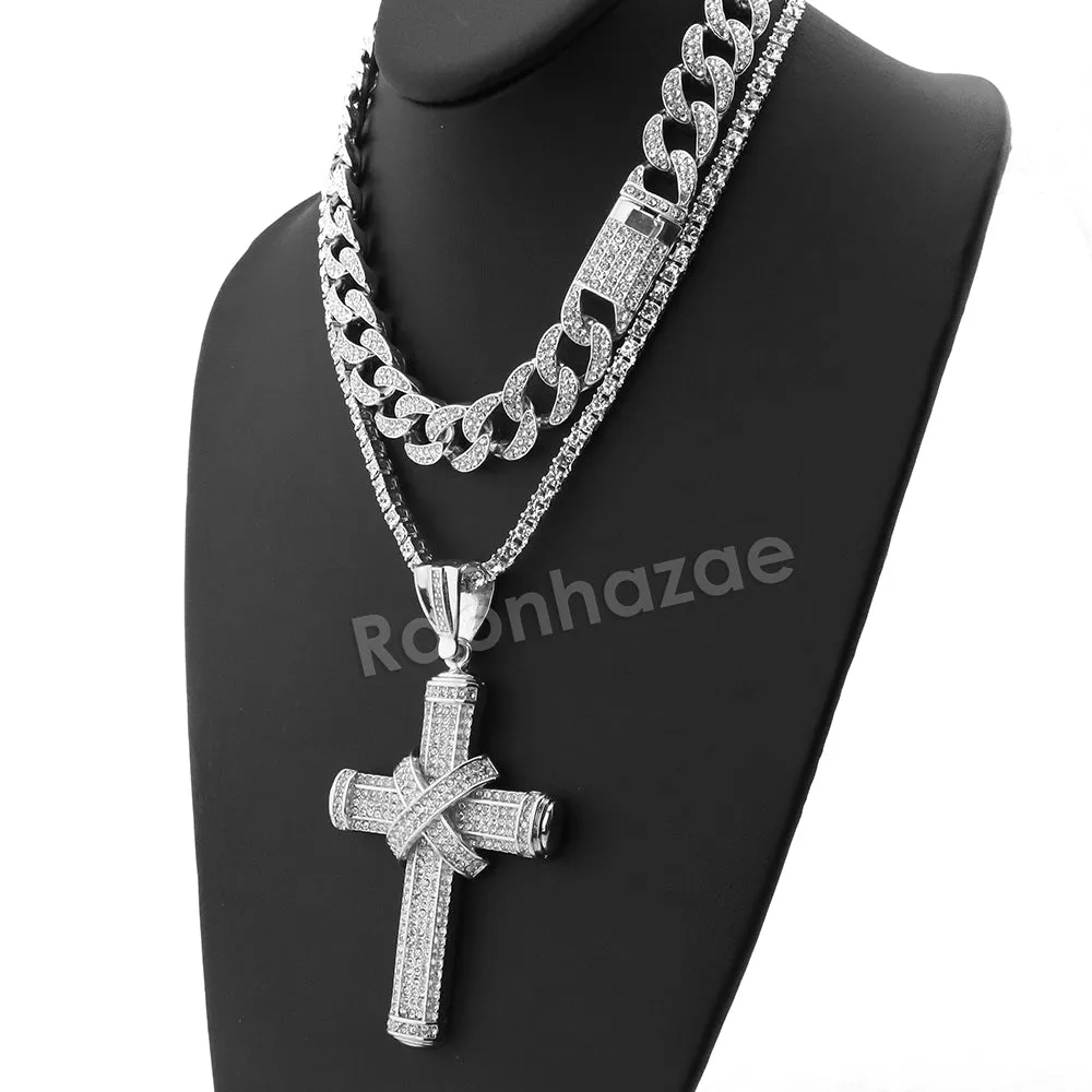 Hip Hop Quavo TIED CROSS Miami Cuban Choker Tennis Chain Necklace L22