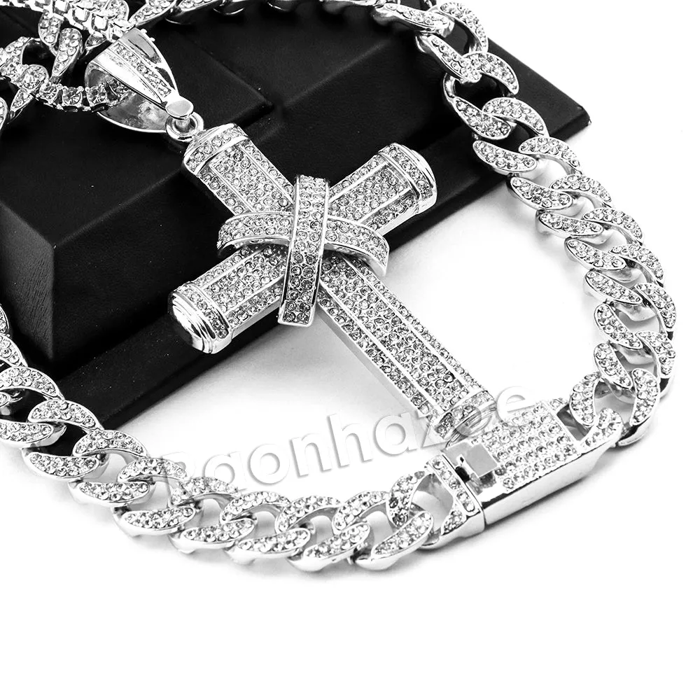 Hip Hop Quavo TIED CROSS Miami Cuban Choker Tennis Chain Necklace L22