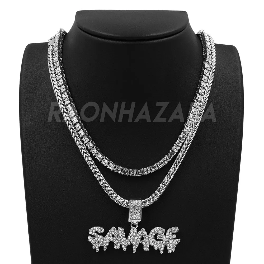 Hip Hop SAVAGE Pendant W/ Franco Chain / Tennis Choker Chain