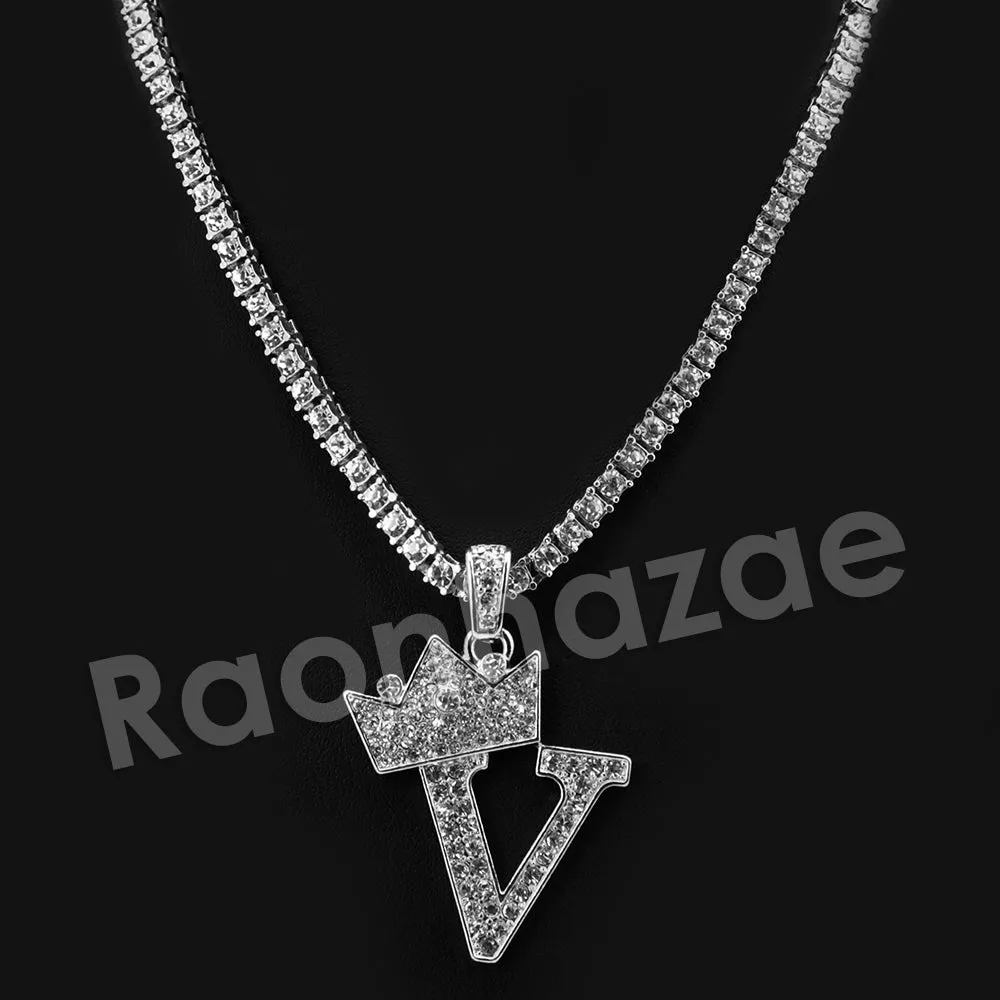 King Crown V Initial Pendant Necklace Set.