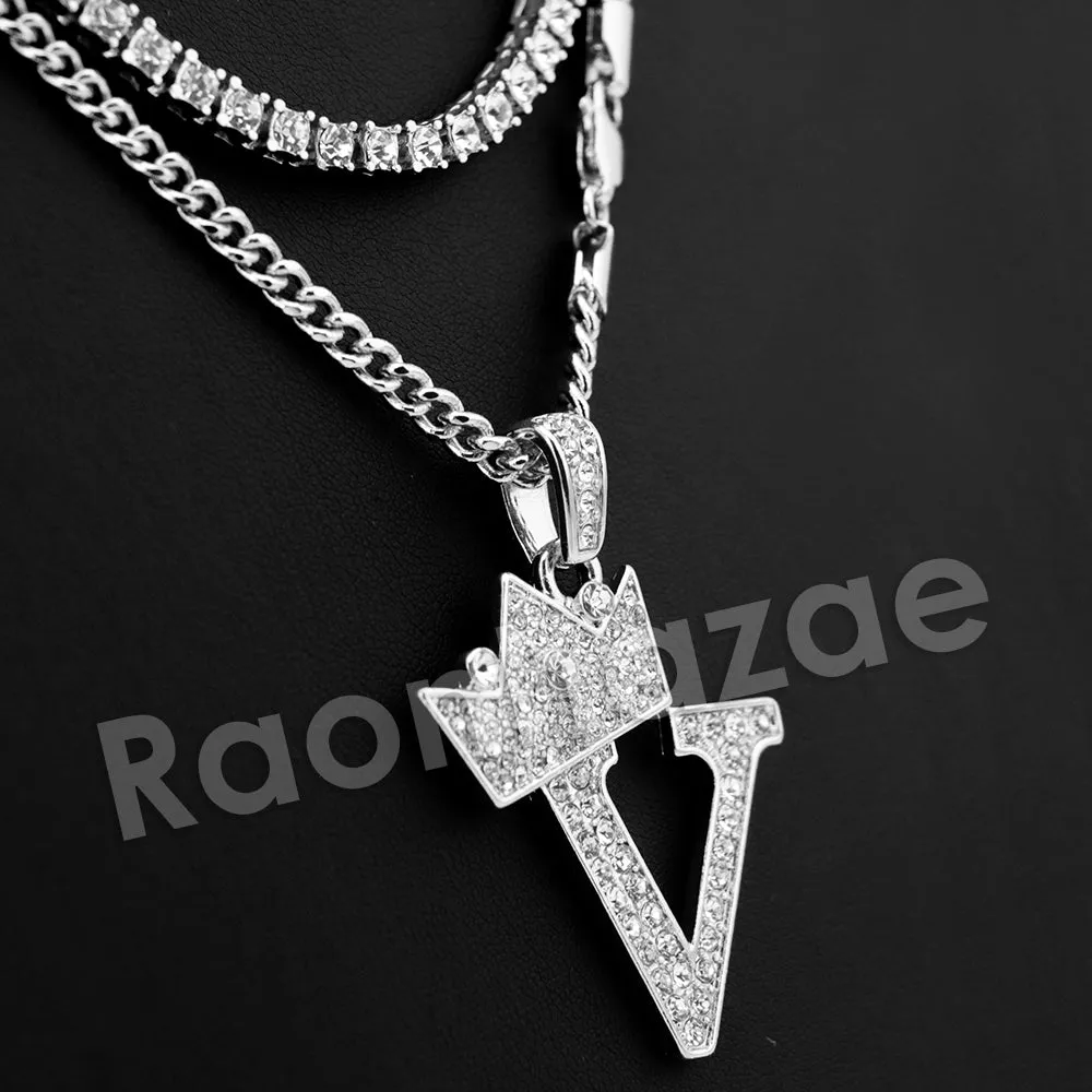 King Crown V Initial Pendant Necklace Set.