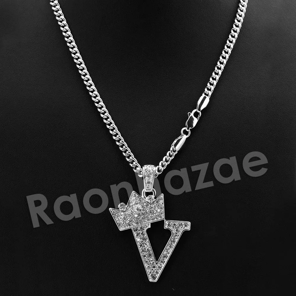King Crown V Initial Pendant Necklace Set.
