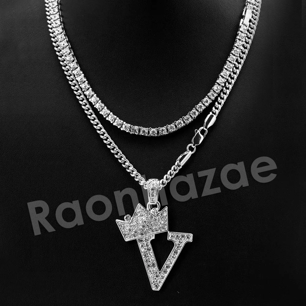 King Crown V Initial Pendant Necklace Set.