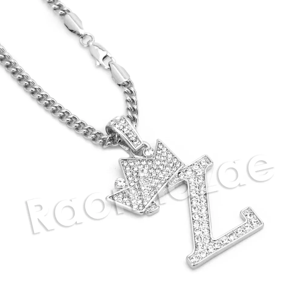 King Crown Z Initial Pendant Necklace Set. (Silver)