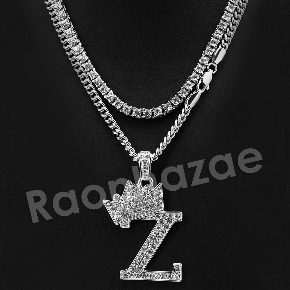 King Crown Z Initial Pendant Necklace Set. (Silver)