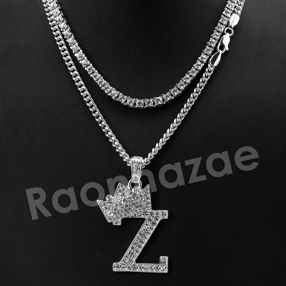 King Crown Z Initial Pendant Necklace Set. (Silver)
