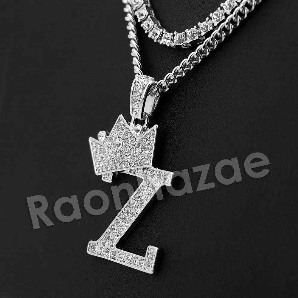 King Crown Z Initial Pendant Necklace Set. (Silver)