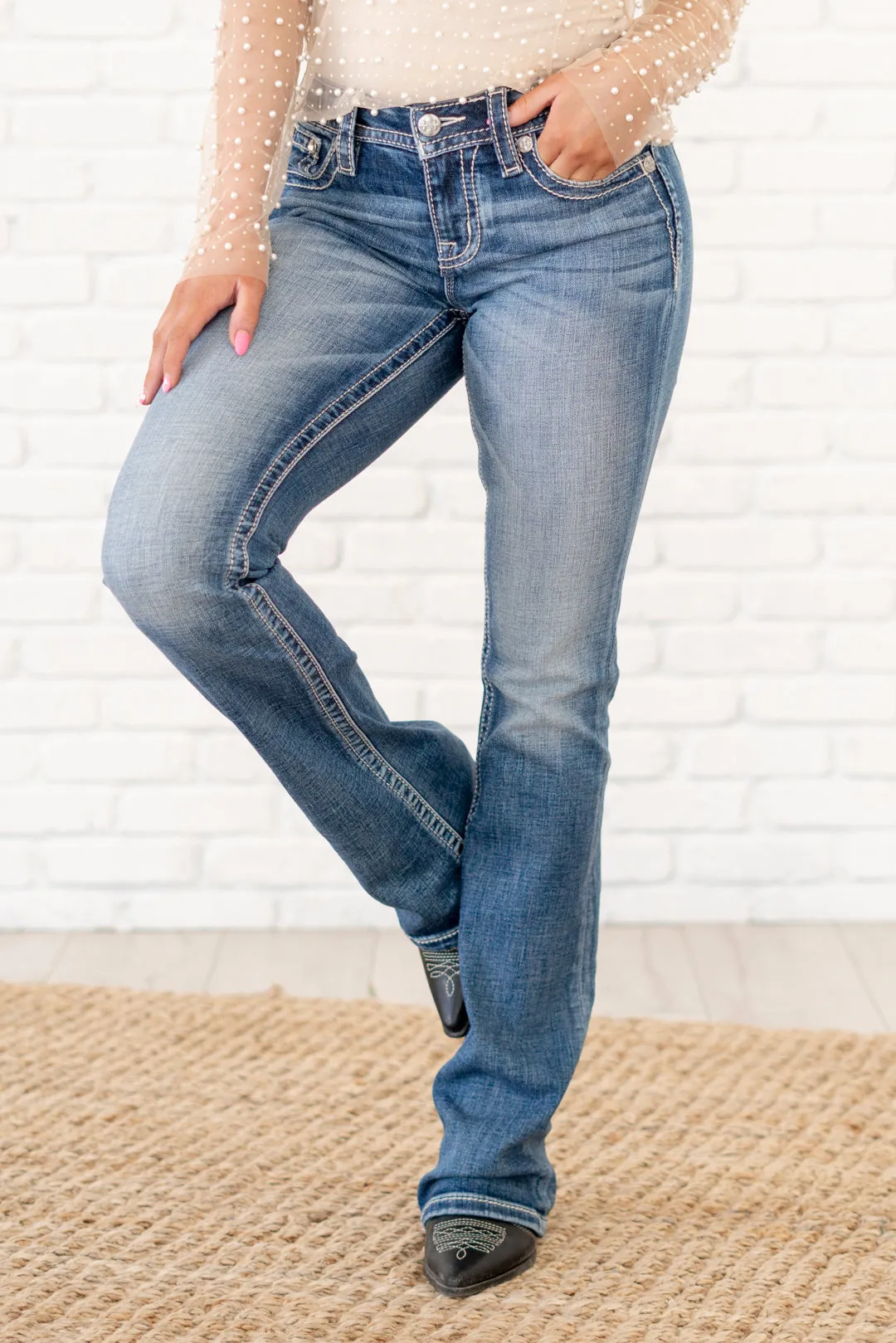 Leaf & Vine Cross Mid Rise Boot Cut