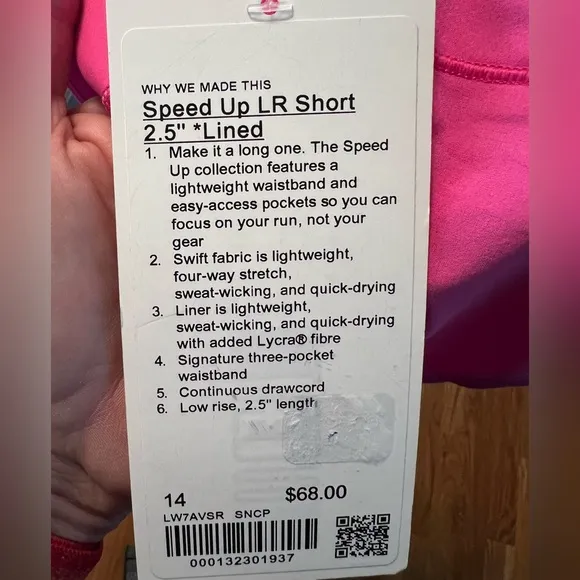 Lululemon Speed Up LR Low Rise Short 2.5&quot; Lined SNCP Sonic Pink Size 14 NWT