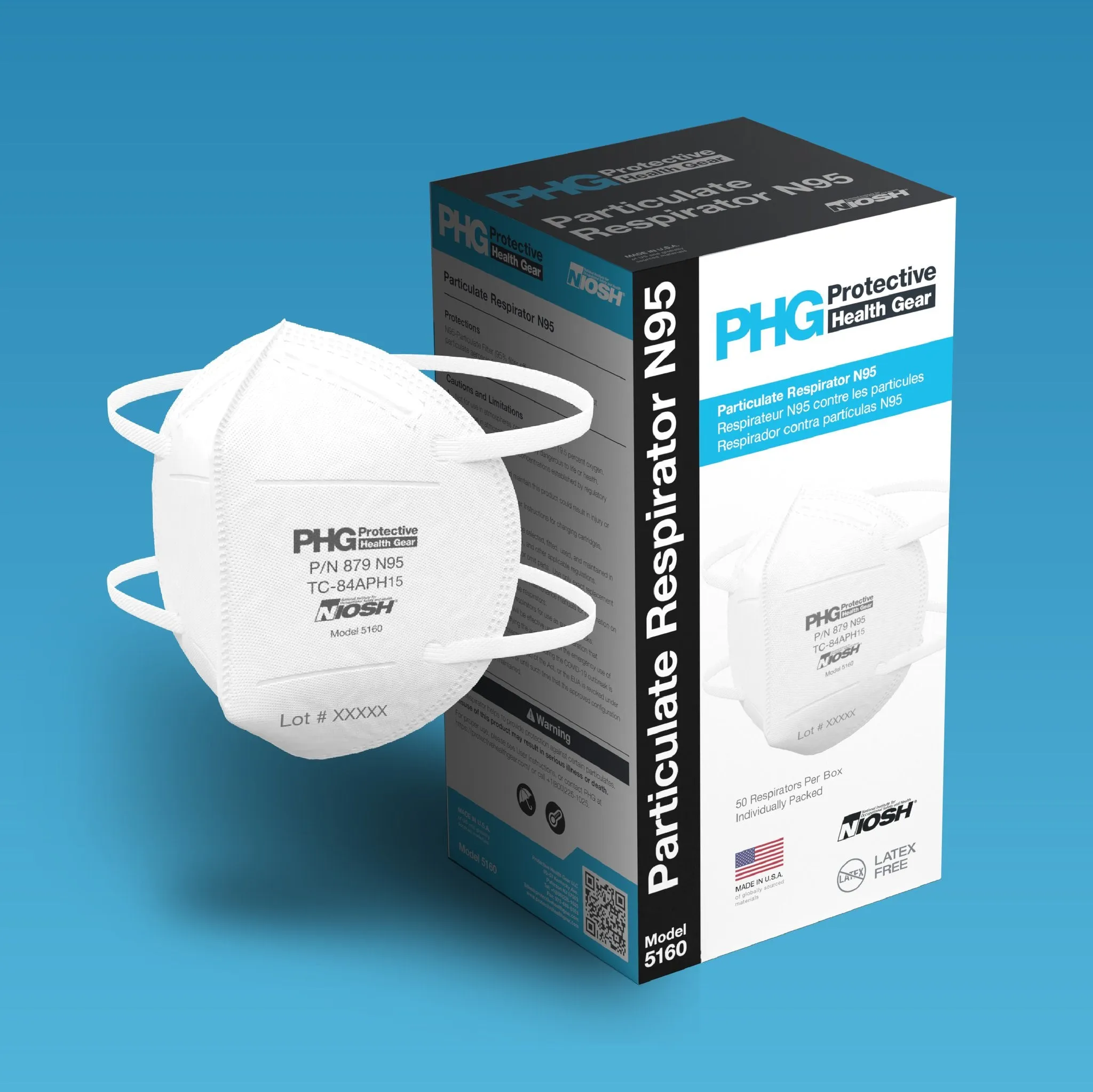 Mask N95 NIOSH Approved Made in USA Individually Wrapped by PHG