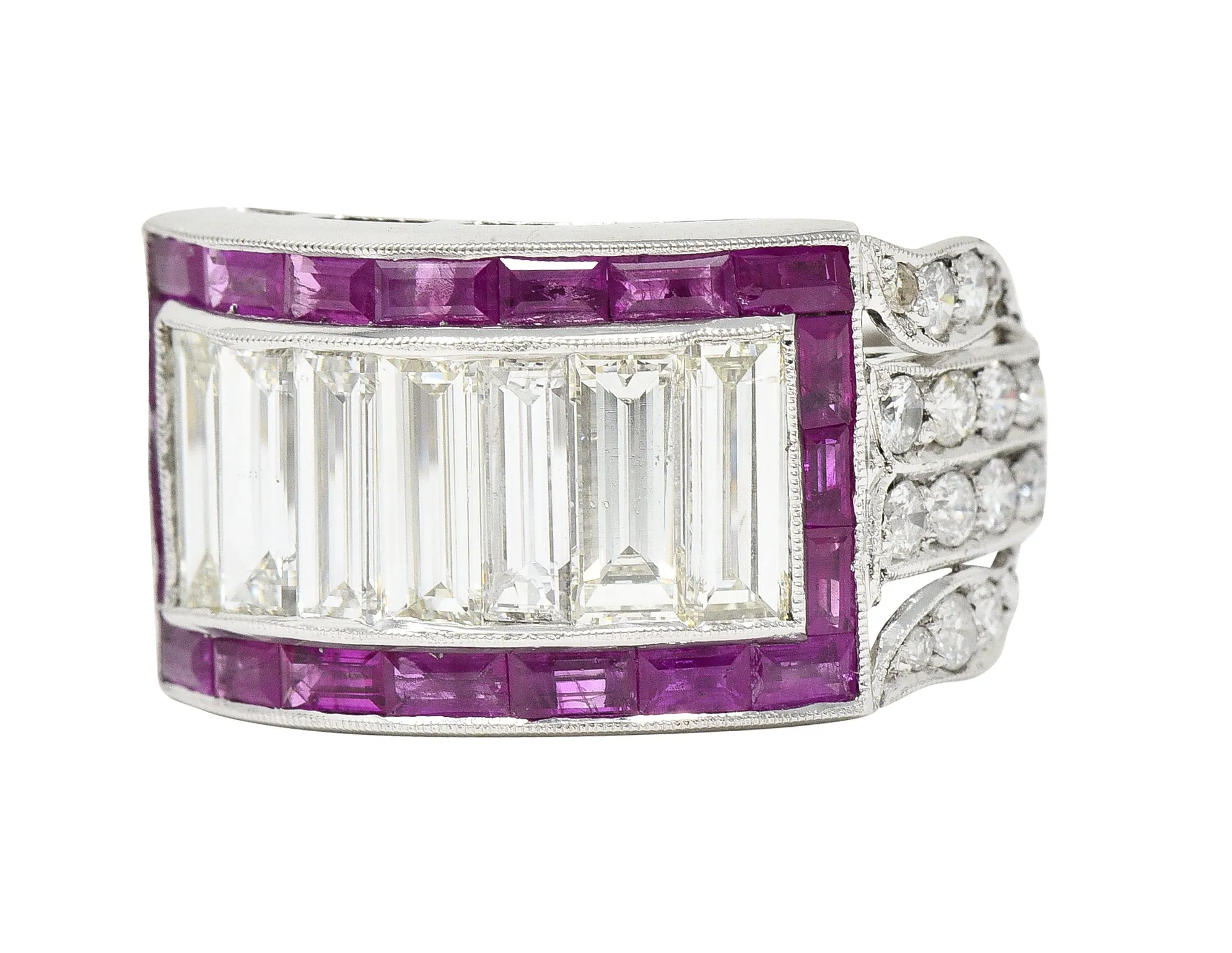 Mid-Century 5.13 CTW Baguette Diamond Ruby Platinum Floral Channel Vintage Wide Band Ring