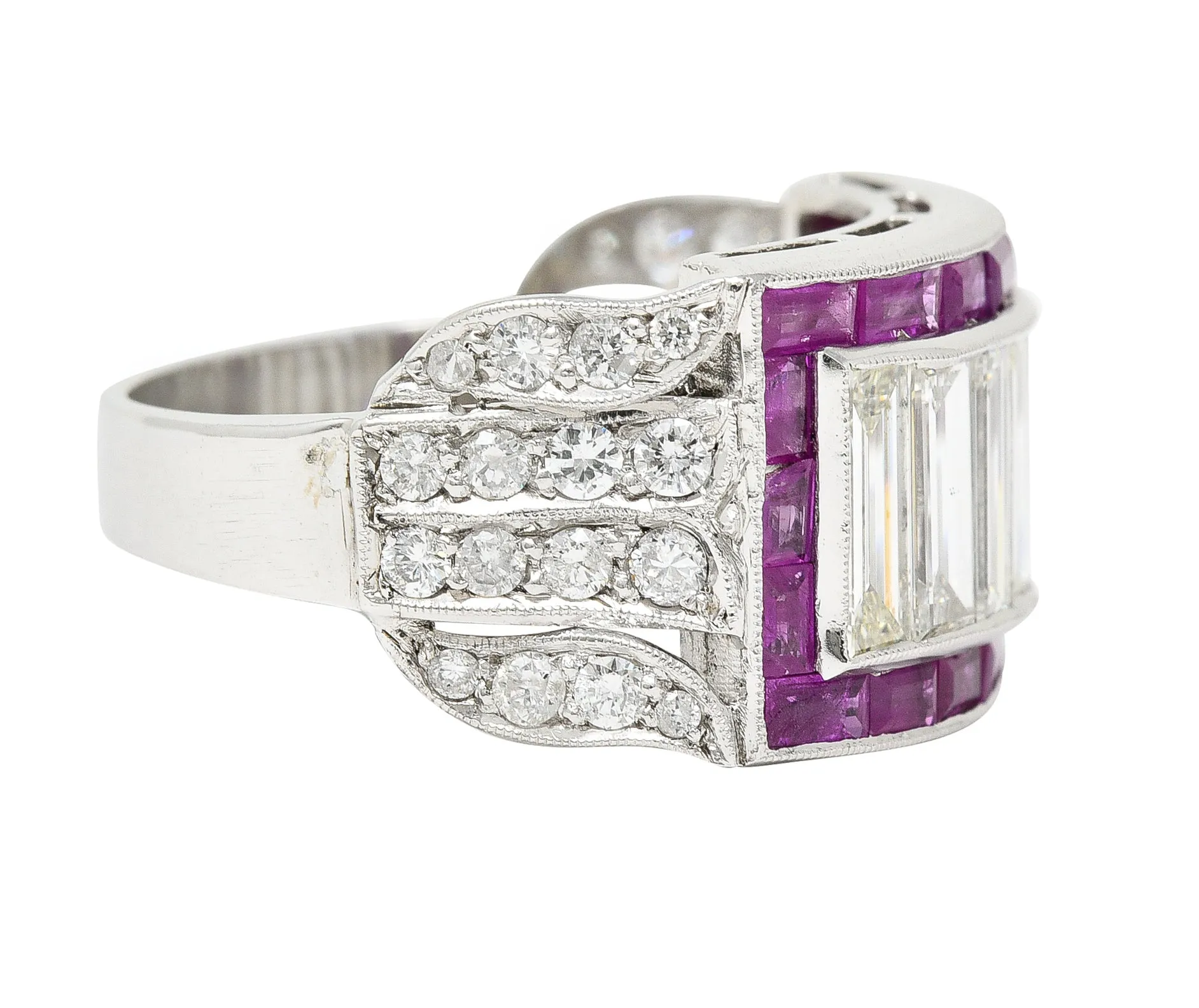 Mid-Century 5.13 CTW Baguette Diamond Ruby Platinum Floral Channel Vintage Wide Band Ring