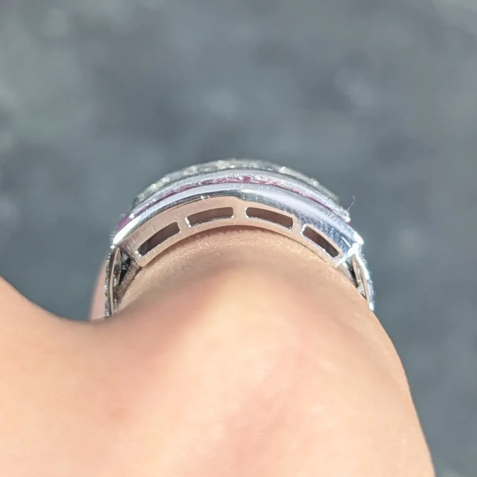Mid-Century 5.13 CTW Baguette Diamond Ruby Platinum Floral Channel Vintage Wide Band Ring