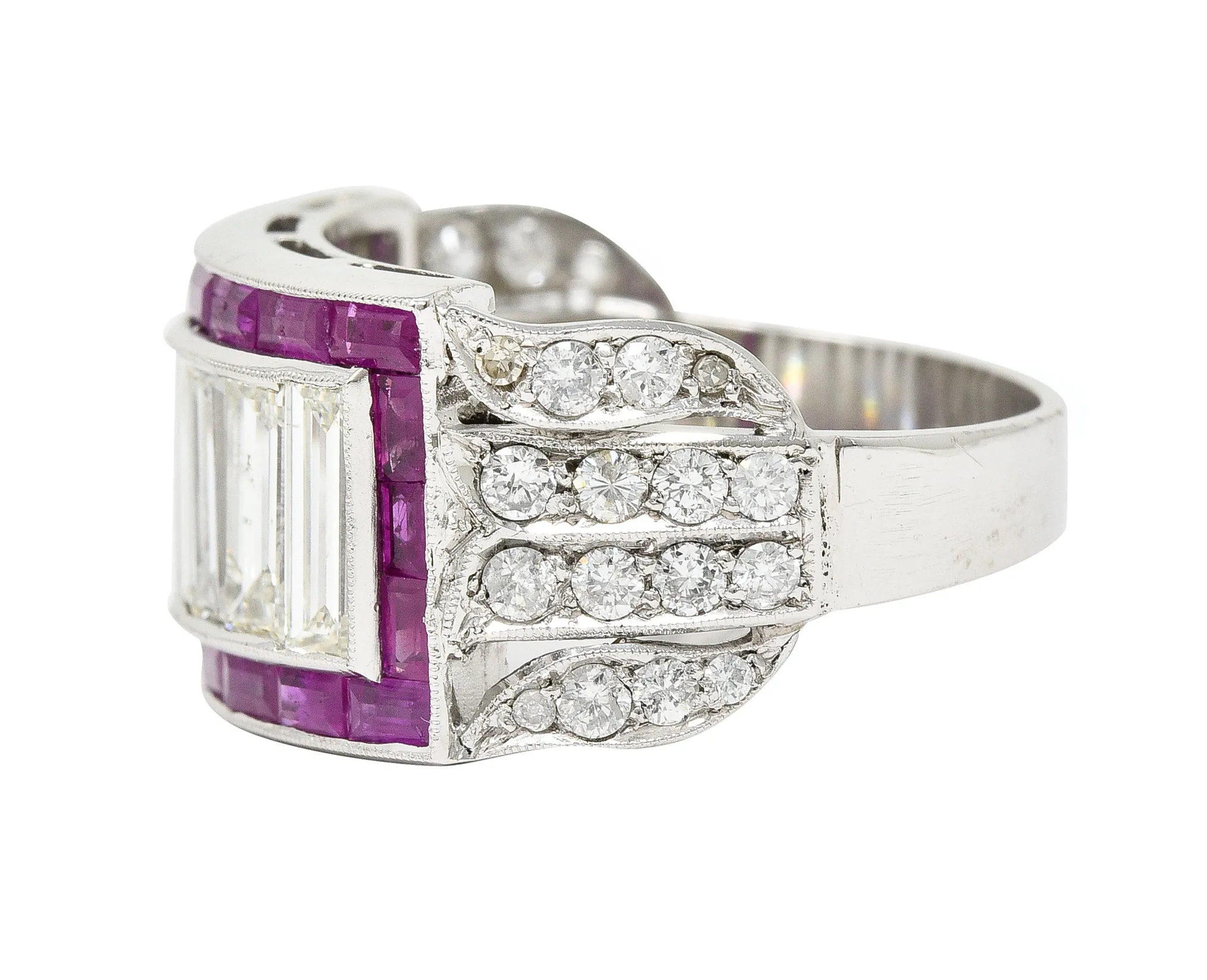 Mid-Century 5.13 CTW Baguette Diamond Ruby Platinum Floral Channel Vintage Wide Band Ring