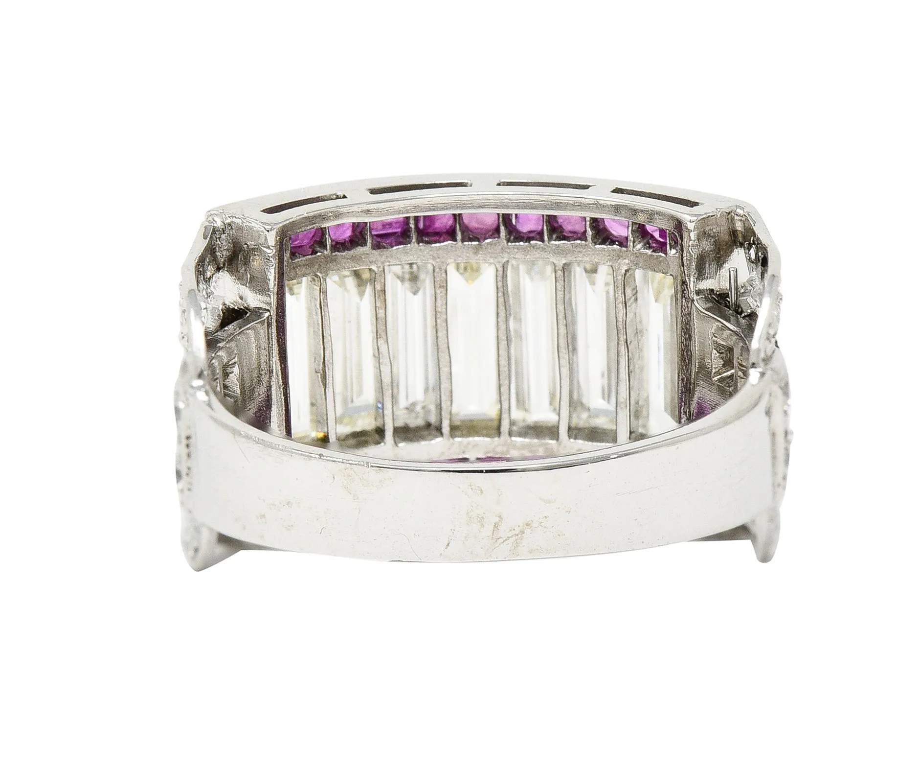 Mid-Century 5.13 CTW Baguette Diamond Ruby Platinum Floral Channel Vintage Wide Band Ring