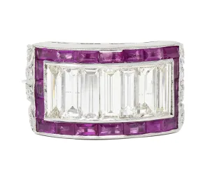 Mid-Century 5.13 CTW Baguette Diamond Ruby Platinum Floral Channel Vintage Wide Band Ring