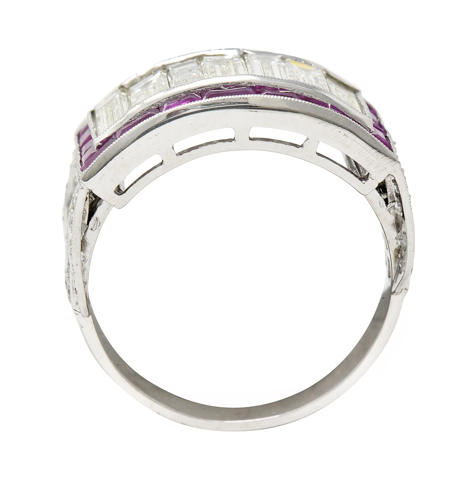 Mid-Century 5.13 CTW Baguette Diamond Ruby Platinum Floral Channel Vintage Wide Band Ring