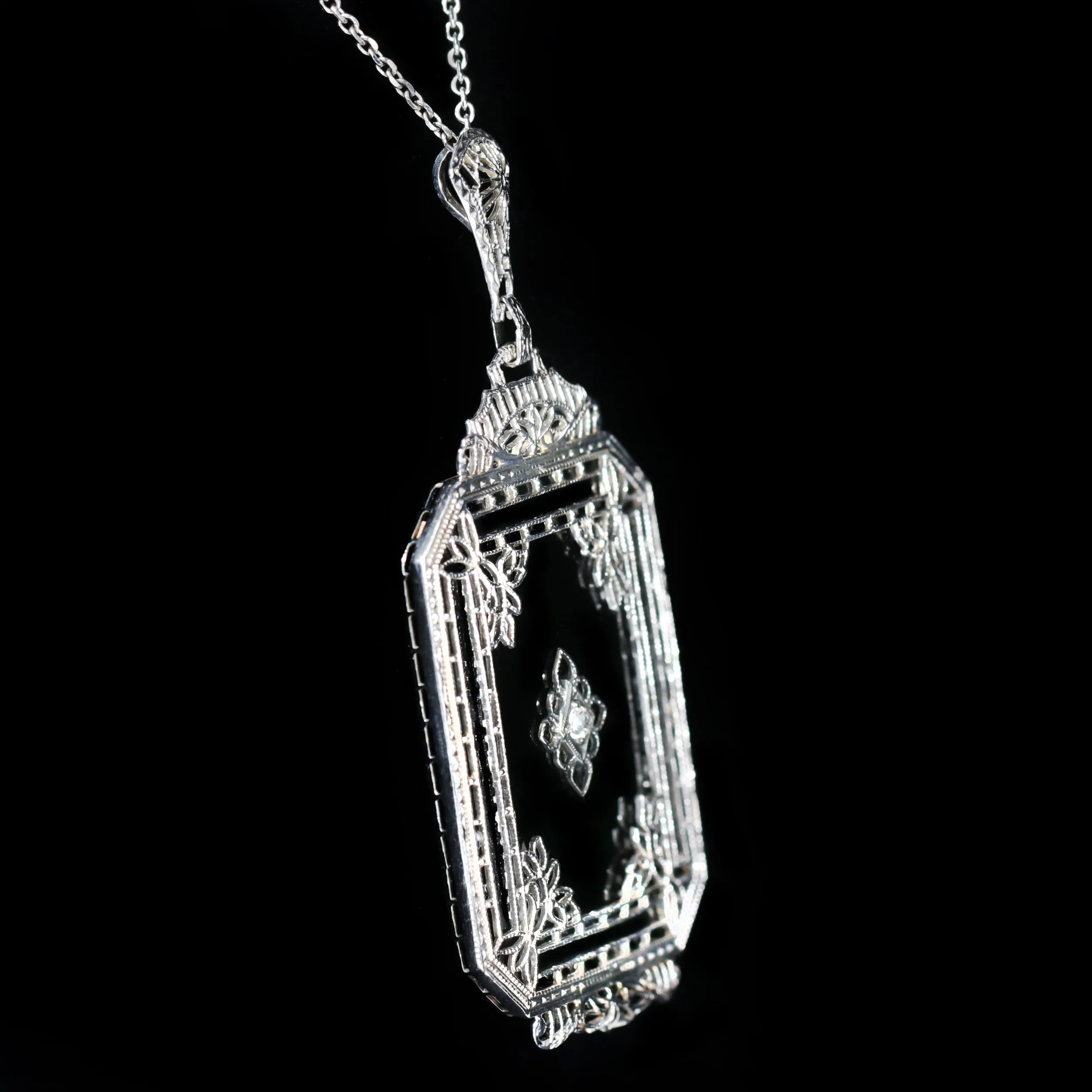 Mid Century Diamond and Onyx Filigree Pendant